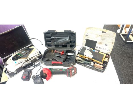Parkside 4 inch cordless angle grinder with battery and case, untested and a selection of accessories  etc 
