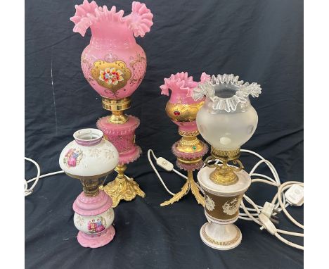 Selection of 4 converted vintage oil lamps, each with decorative shades, 2 hand painted detailing, tallest measures approxima