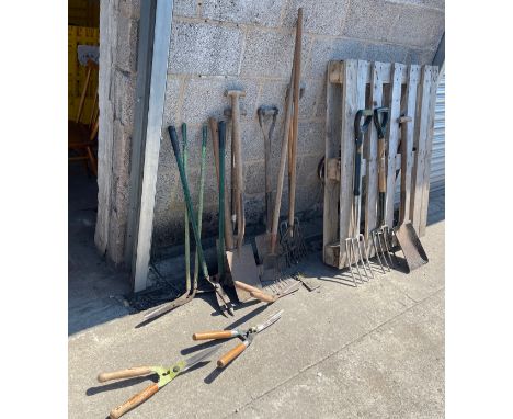 Large selection of assorted garden tools includes forks, spades etc 