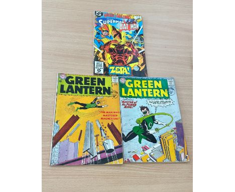 Three vintage DC comics to include Green Lantern, Superman and Batman 