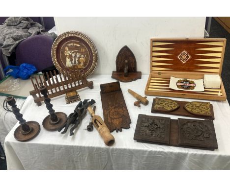 Selection of wooden items to include candlesticks, tray, trinket, board game, plaques, mantle clock etc 