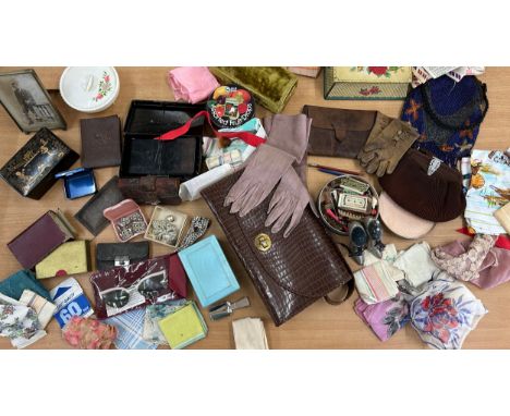 Ladies Vintage Leather Handbag, Art Deco Beaded Bag, Pin Cushion Shoes, 1960's Sunglasses, Tins etc. 