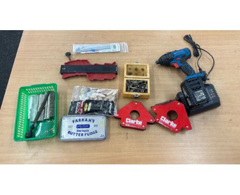 Selection of tools includes lathe parts, Cordless drill, Impact screw driver etc, all untested 