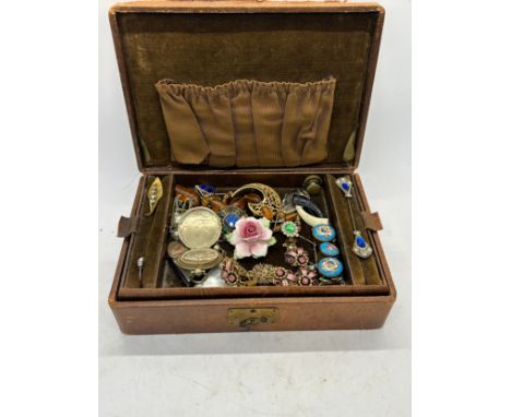 Leather Jewellery Box containing Antique &amp; Vintage Costume Jewellery to include Gold Coloured Locket, Buckles, Brooch, Ri