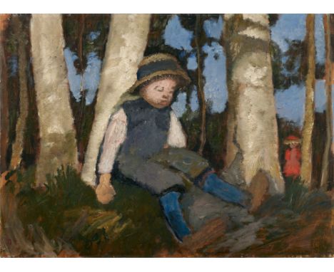 Paula Modersohn-Becker, Sitzender Junge mit Strohhut unter BirkenÖl auf Karton, auf Holzplatte montiert. 52,5 x 71,2 cm. Gera