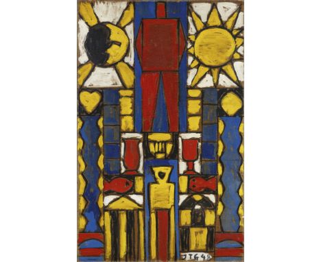 Joaquín Torres-García, Construcción con sol y lunaÖl auf Karton, auf Leinwand aufgezogen. 81,2 x 51,8 cm. Gerahmt. Unten rech