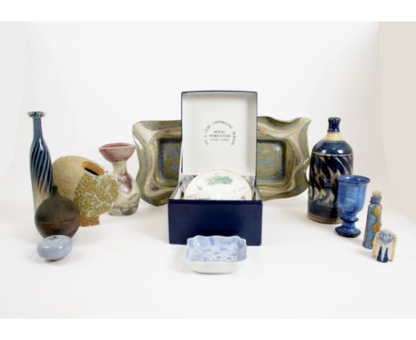A collection of handmade studio pottery, dishes, vases and goblets, some with signatures and other items, together with a Roy