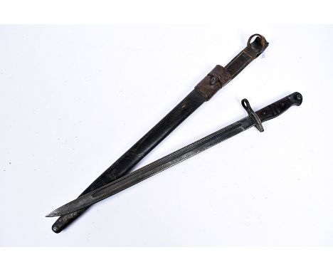 A 1917 pattern bayonet by Remington, made 1913, marked both sides of the 43cm long blade, complete with leather scabbard and 