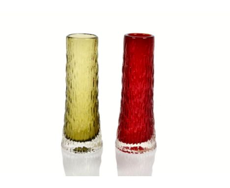 Geoffrey Baxter for Whitefriars, two later Textured glass range 'Tapered' cylinder vases pattern 9834, 20 cm, in Ruby and Sag