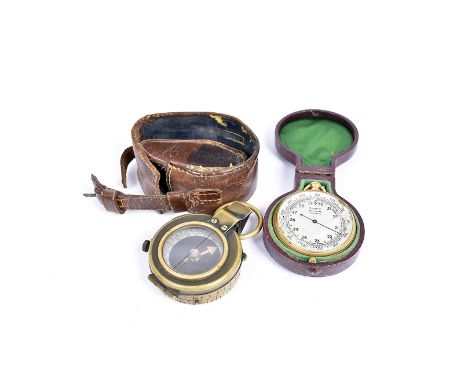 A WWI brass pocket compass, dated 1917, No.93805, marked F-L, complete with original leather case, together with a pocket bar