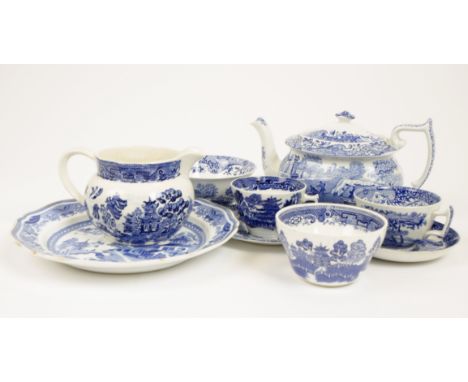 A collection of 19th Century Spode blue and white printed ceramics, seven teacups, nine saucers, five small plates, two mediu