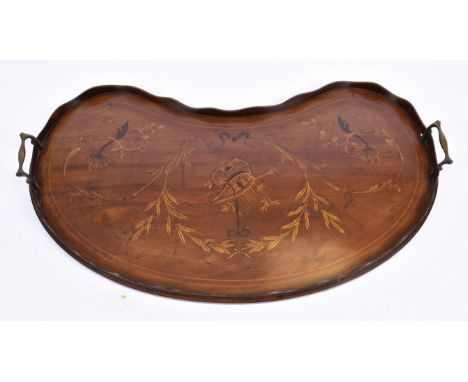 A 19th Century mahogany and marquetry inlaid twin-handled kidney shaped tray, shaped gallery, brass handles, harp, trumpet, l