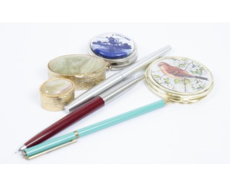 A collection of fountain pens and pencils, by Parker, De La Rue and others, compact and powder cases with engraved and inlaid