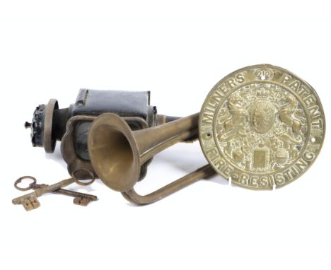 A pair of carriage lamps, together with a French 'Phare Ducellier' lamp, bugle, 'Milners' safe plaque, two keys, powder flask