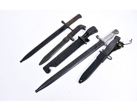 An Argentinian M1891 bayonet, together with a US M10, another US example plus two others, all with scabbard