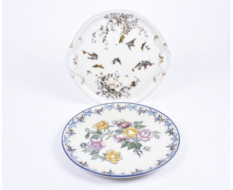 A 20th Century ceramic twin-handled tray, transfer printed decoration heightened in gilt of birds, butterflies and foliage, 3