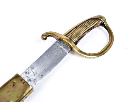 A French Infantry Briquet sword, having undistinguishable mark to the blade, the brass and leather scabbard marked 42, the cu