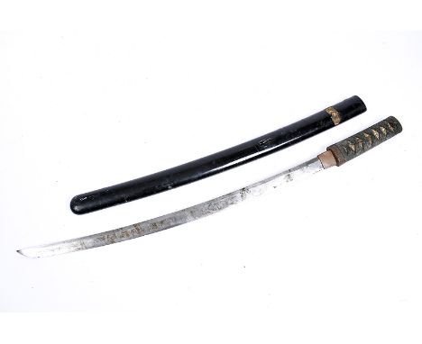 An early 19th Century Japanese Wakizashi, approx 51cm long curved blade, cord board shagreen tsuka, missing tsuba, AFunable t