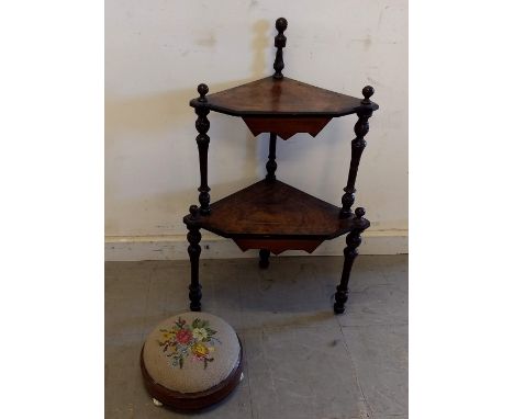 A 19th Century walnut and inlaid two tier corner what-not, 52 cm wide x 34 cm deep x 82 cm high; together with a 19th Century