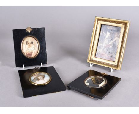 Two oval portrait miniatures, including one of Lady Hamilton, together with another, a silhouette, and an oil on board of a w