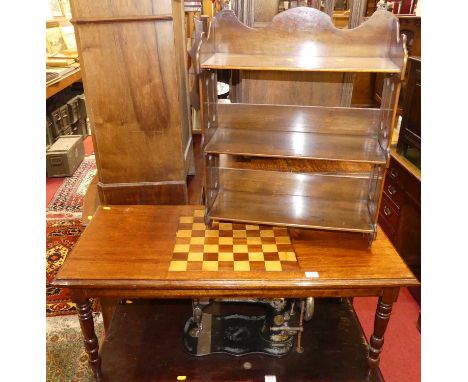 A chessboard topped inset low occasional table, width 92cm, together with an Edwardian mahogany three-tier wall shelf, width 