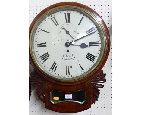 A circa 1830 mahogany and brass inlaid droptrunk wall clock, the white enamel dial signed Hills of Sudbury, with brass eight-