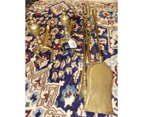 A set of three 19th century turned brass fire tools including shovel, tongs &amp; poker, together with a matching pair of fir