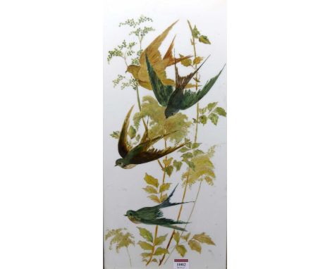 Late Victorian study of birds, enamel on opaque glass, 55x24cm in a velvet ogee moulded frame