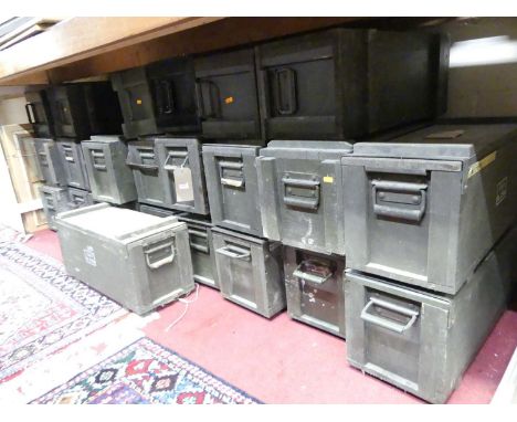 A large quantity of painted wooden ammunition boxes, each with recessed metal handles, w.65cm (25)