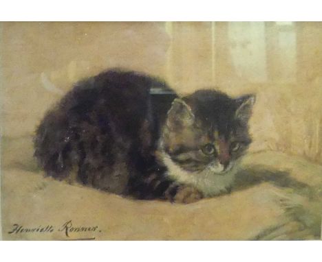 After Edgar Hunt - reproduction oleograph, 5 x 7cm; together with a Henrietta Bonner print of a recumbent cat (2)