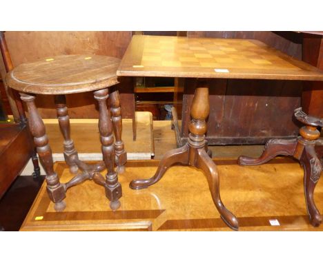 A mahogany square fixed chessboard topped pedestal games table, width 51cm, together with an early 20th century beech circula