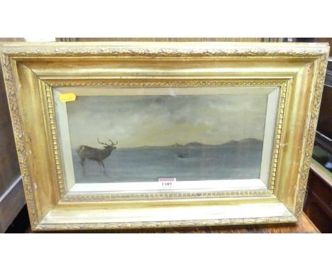 H. Fowler - Pair; Stag in a landscape, oils, each signed and dated 1903, 15 x 34cmBoth paintings are very good with some ligh