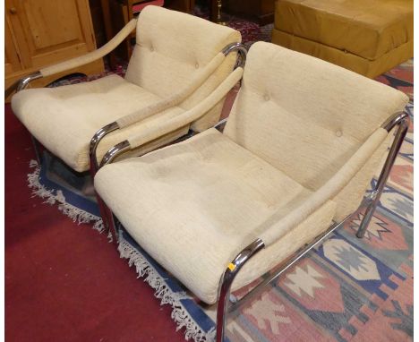 A pair of 1970s Pieff tubular chrome framed and cream fabric buttoned upholstered low open armchairs, each with squab back an