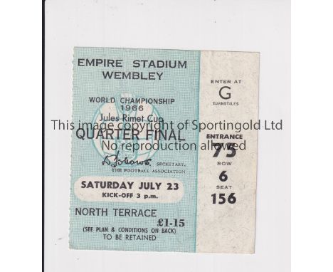 1966 WORLD CUP      Seat ticket for England v Argentina, quarter-final 23/7/1966 at Wembley, very slightly creased.    Good