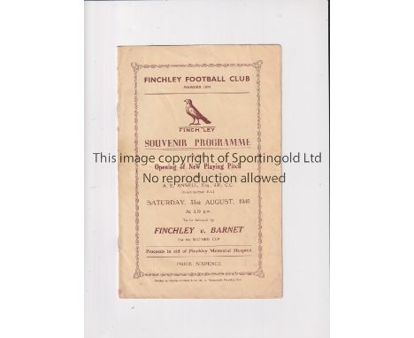 FINCHLEY F.C     Souvenir programme for the Opening of New Playing Pitch followed by Finchley v Barnet for the Mather Cup wit