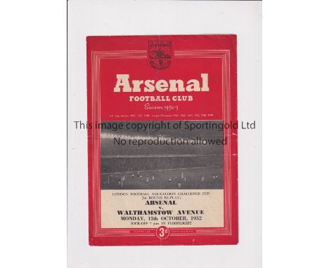 1952 ARSENAL V WALTHAMSTOW AVENUE     Programme for the London Cup replay at Arsenal on 13/10/1952. Slight crease.   Generall