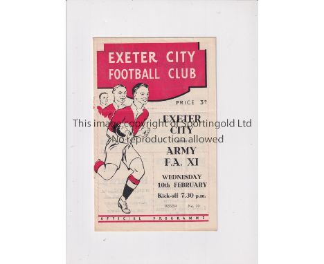 EXETER CITY V ARMY F.A. XI    Programme for the Friendly at Exeter 10/2/1954, staples removed.    Generally good