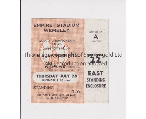 1966 WORLD CUP      Ticket for USSR v Portugal, 3/4 Place Play-Off 28/7/1966 at Wembley, very slightly creased.    Good