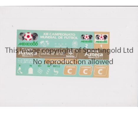 1986 WORLD CUP      Unused ticket for England v Paraguay, Round of 16 match 18/6/1986 at the Aztec Stadium. Staples holes on 