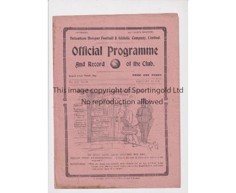 TOTTENHAM HOTSPUR        Programme for the home League match v Huddersfield Town 16/2/1920.     Good