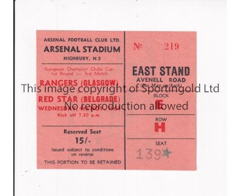 GLASGOW RANGERS V RED STAR BELGRADE 1964 AT ARSENAL      Seat ticket for the European Cup 3rd Match at Highbury 4/11/1964.   