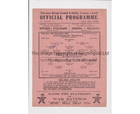 TOTTENHAM HOTSPUR V ARSENAL 1943     Single sheet programme for the FL South match at Tottenham 18/12/1943, slightly creased 