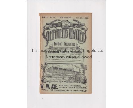 SHEFFIELD UNITED     Home programme v Sunderland 16/1/1909. Ex Bound Volume. Light paper marking at spine. Generally good    