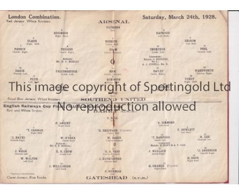 NEUTRAL AT ARSENAL      Joint issue programme for the Railway Cup Final, Barry v Gateshead, 24/3/1928 and the London Combinat