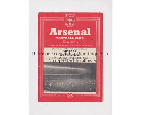 1953 ARSENAL V WEALDSTONE      Programme for the London Cup semi final at Arsenal on 2/11/1953, slight crease.   Generally go