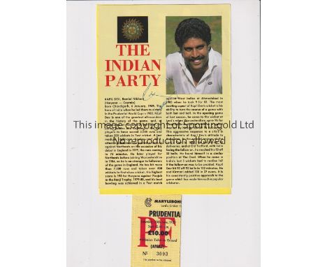 KAPIL DEV AUTOGRAPH / 1983 WORLD CUP FINAL        A signed page from a magazine plus a ticket for the 1983 India v West Indie