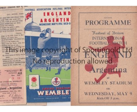 1951 ENGLAND V ARGENTINA   Original programme and ticket. Plus an unusual pirate programme by Pugh and a song sheet for the g