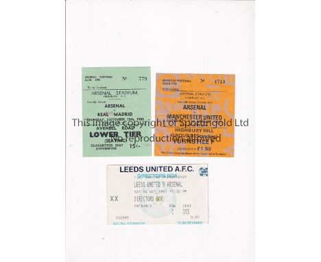 ARSENAL      Three tickets: home v Real Madrid 62/3 Friendly and Manchester United 79/80, slightly creased and away Directors