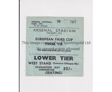 1970 FAIRS CUP FINAL SECOND LEG     Ticket for Arsenal at home v Anderlecht, slight vertical crease.     Generally good