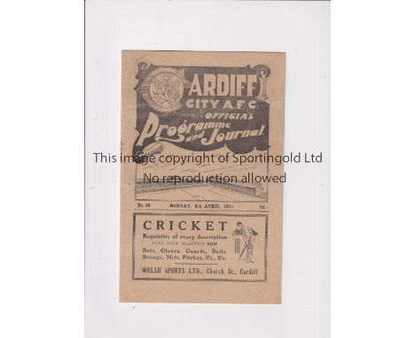 1931 CARDIFF CITY V TOTTENHAM HOTSPUR   Programme for the game at Ninian Park on 6/4/1931. Staple removed.   Generally good